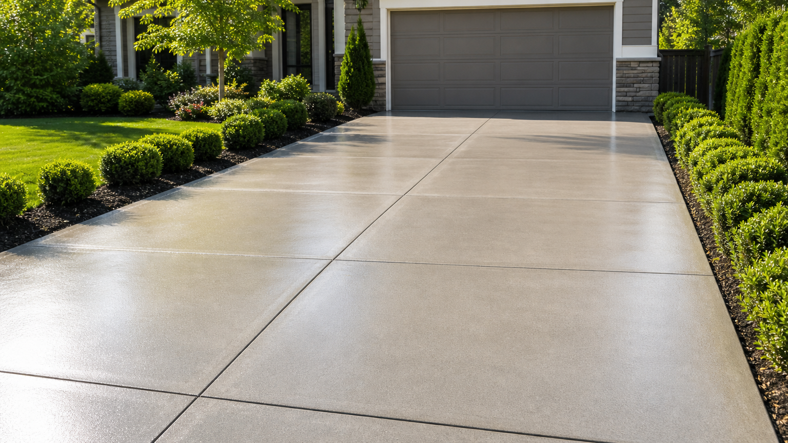 Spotlessly clean concrete driveway freshly washed, surrounded by green shrubs and a neat lawn at a residential property