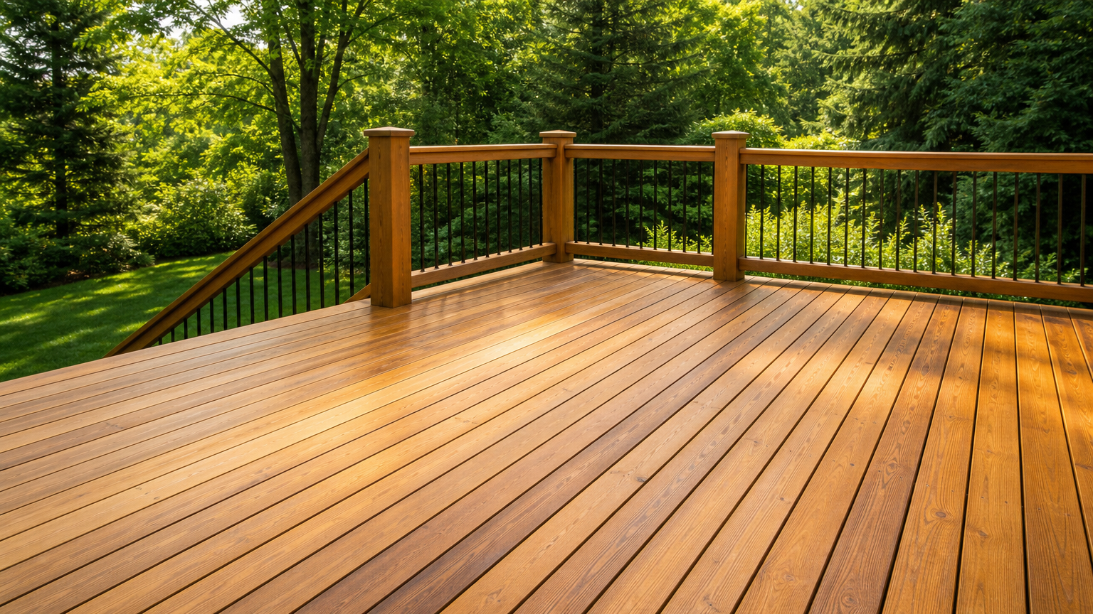 Spotless wooden deck after professional pressure washing, showing clean boards and natural wood color in bright outdoor light