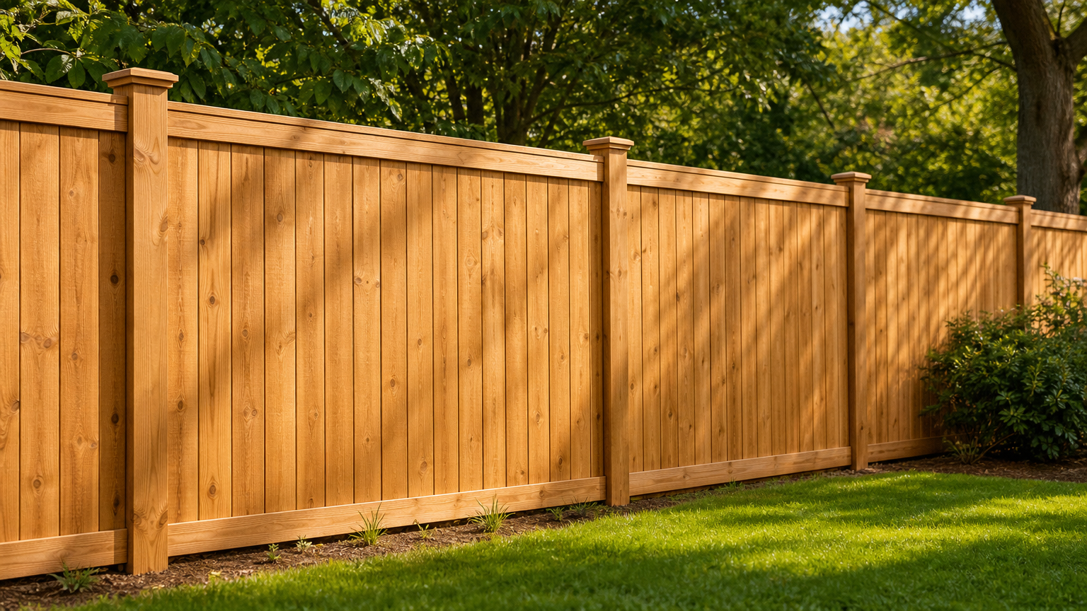 Restored wooden fence after professional pressure washing service in a well-kept backyard