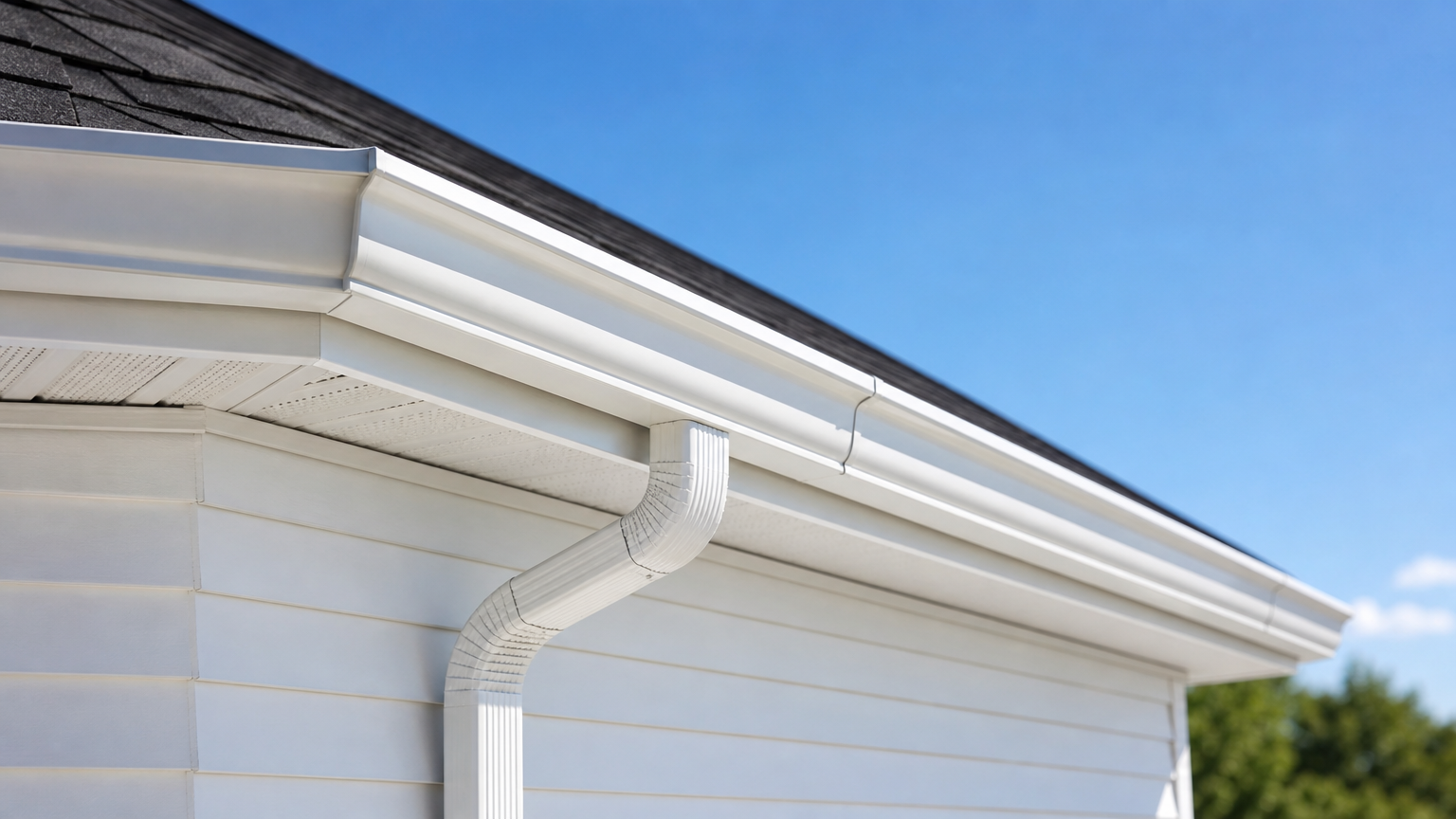 Spotless residential gutters after professional pressure washing with a clean roof and bright siding