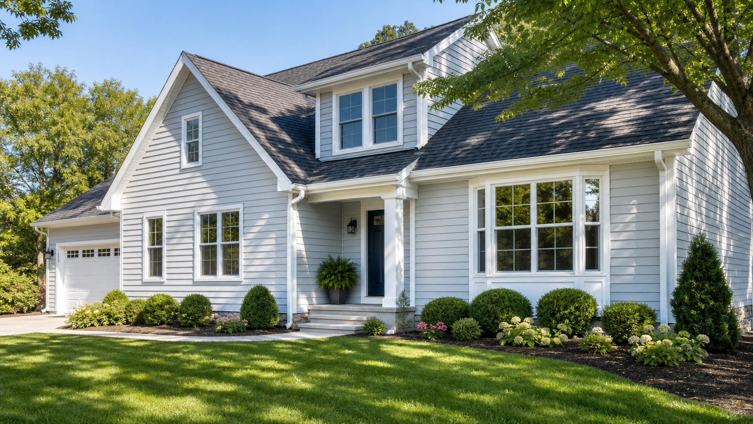 recently pressure washed house exterior with clean siding and shining windows in a tidy residential setting