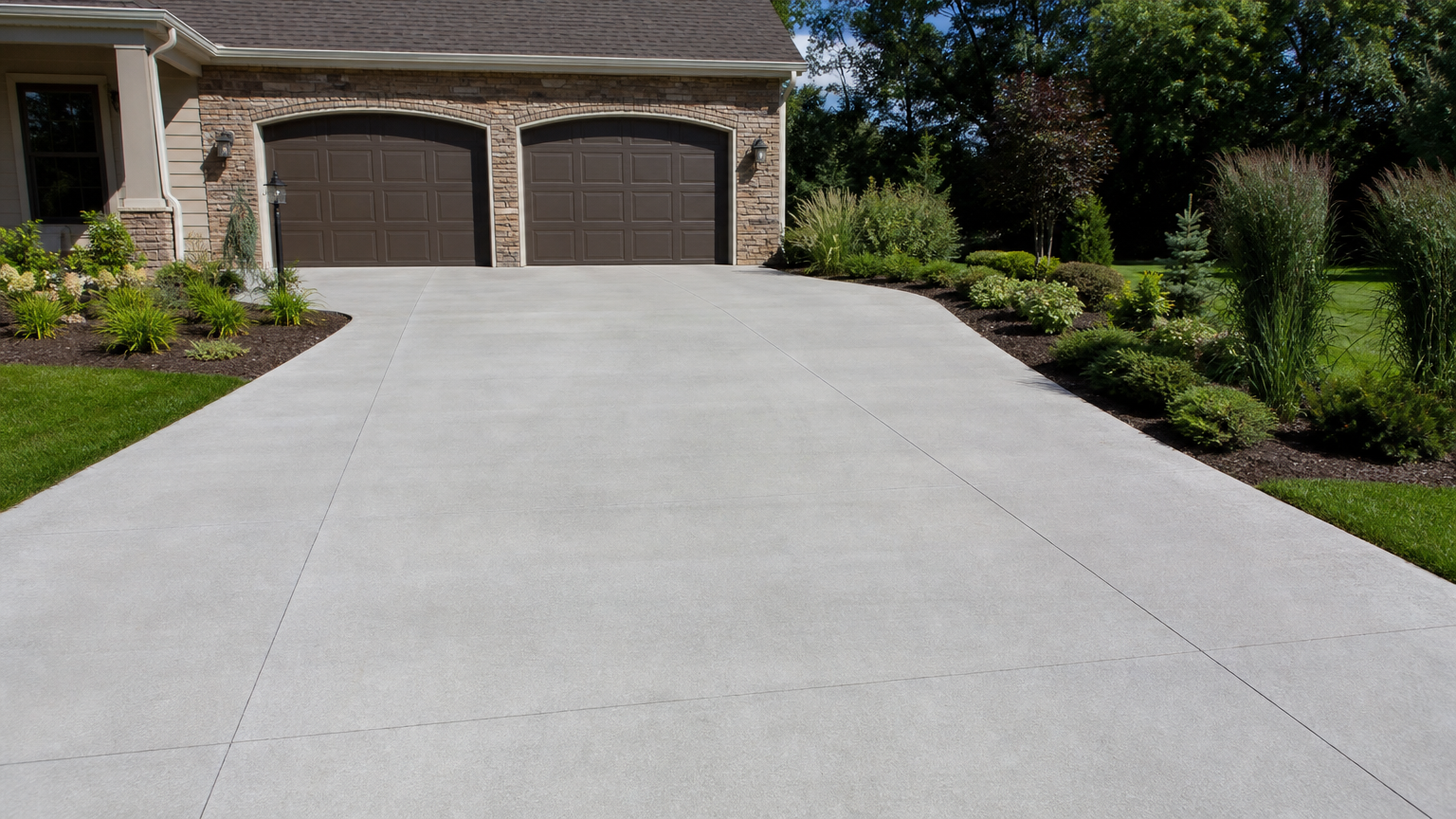 Clean concrete driveway after red clay removal by professional pressure washing service