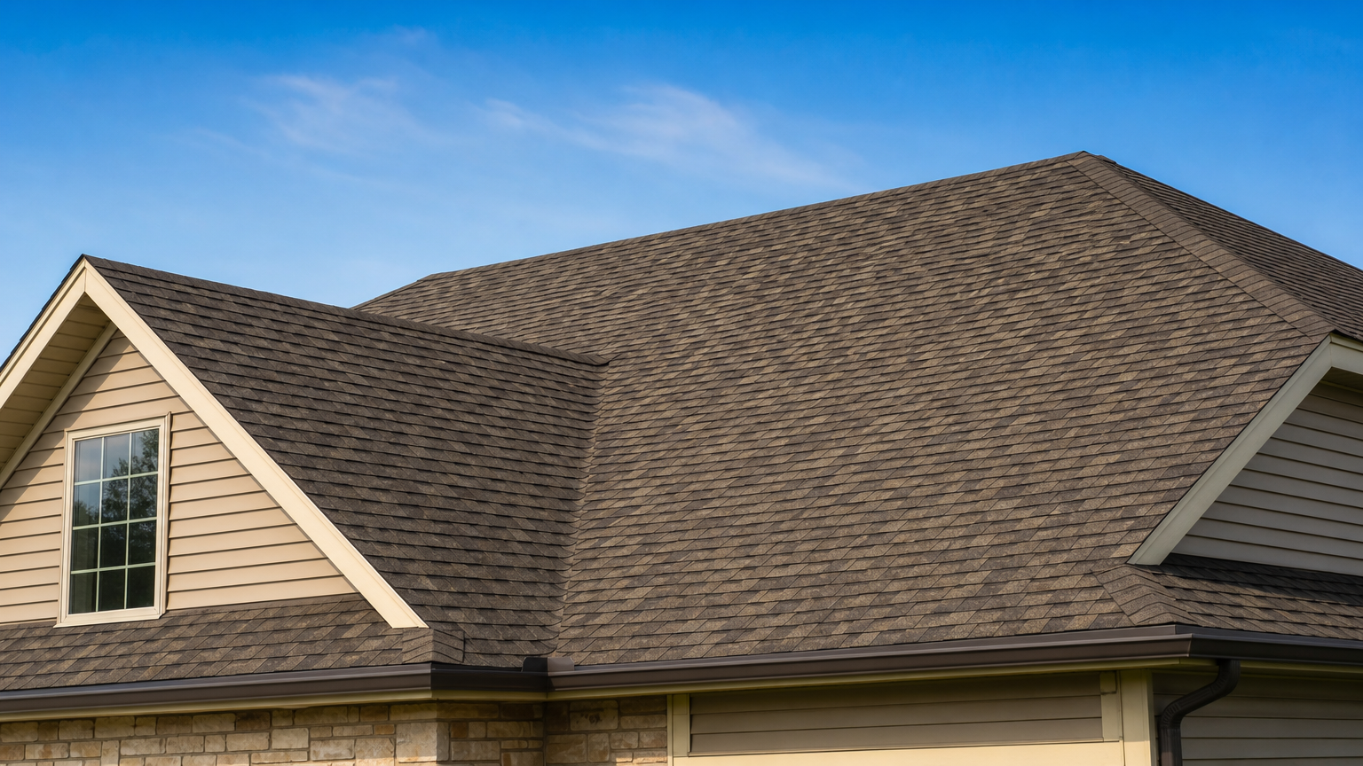 Recently pressure washed residential roof with spotless shingles and a vibrant, clean appearance under a clear sky