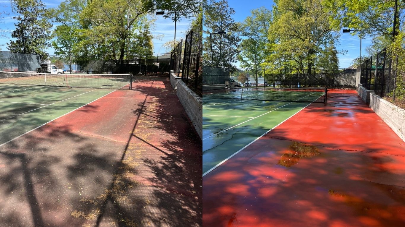 Tennis court cleaning before and after